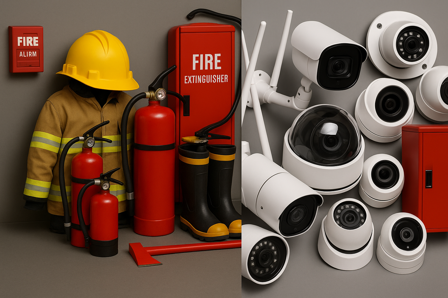 Fire-fighting, safety, CCTV, and surveillance solutions including extinguishers, alarms, sprinklers, hydrants, protective gear, detection systems, security cameras, access control, and alarm systems for industrial, commercial, and residential applications.
